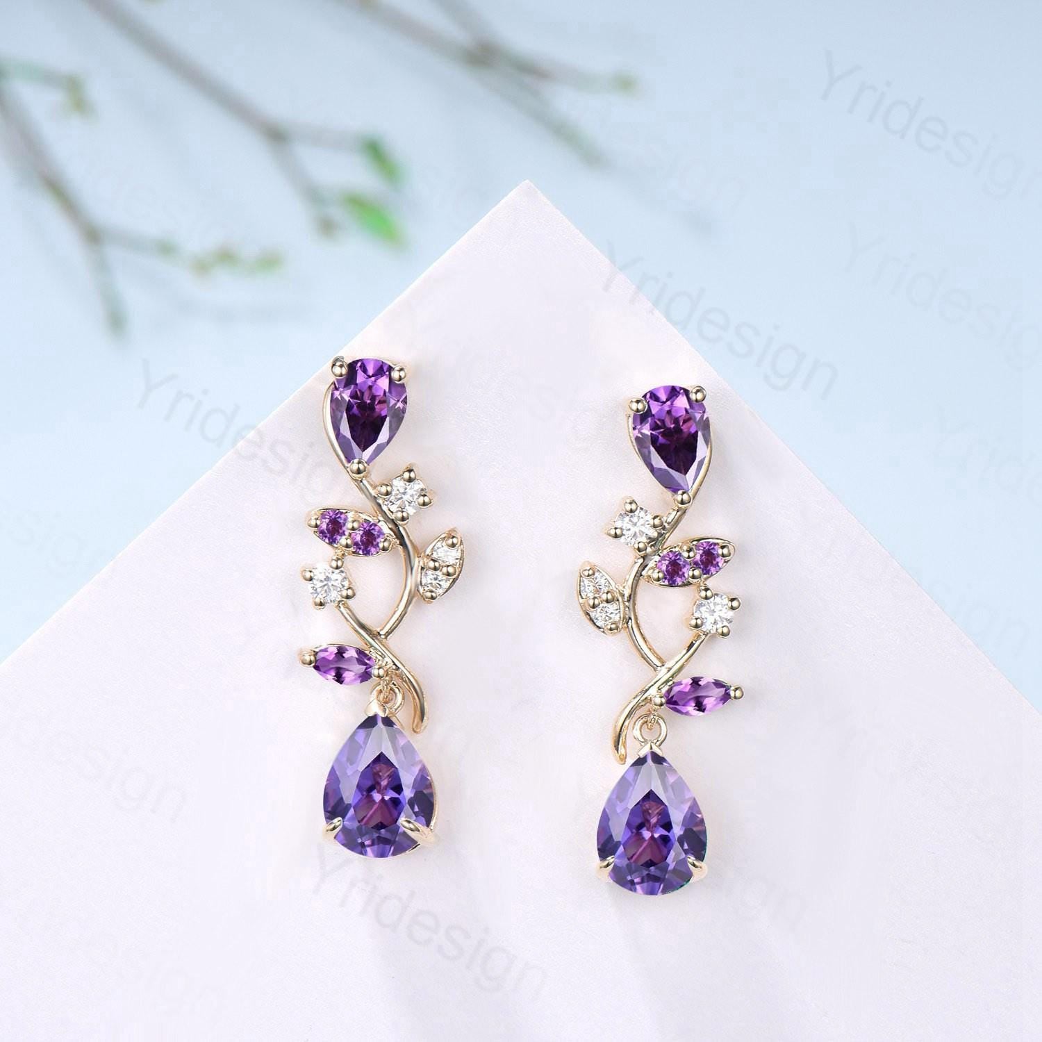 Nature Inspired Teardrop Amethyst Studs Earrings Pear Shaped Purple Gemstone Leaf Vine Stud Delicate Earrings Anniversary Promise Gift Women - PENFINE