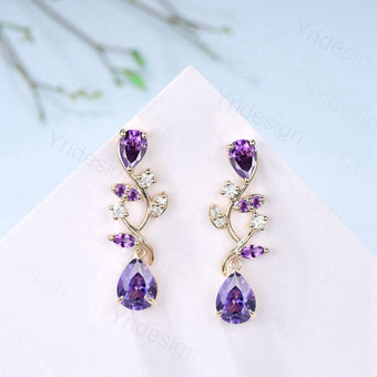 Nature Inspired Teardrop Amethyst Studs Earrings Pear Shaped Purple Gemstone Leaf Vine Stud Delicate Earrings Anniversary Promise Gift Women - PENFINE