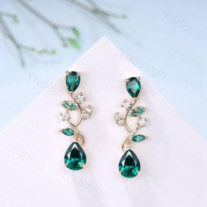 Elegant Pear Shaped Emerald Earrings Nature Inspired May Birthstone Studs Earrings Leaf Vine Handmade Anniversary Promise Gift for Daughter - PENFINE