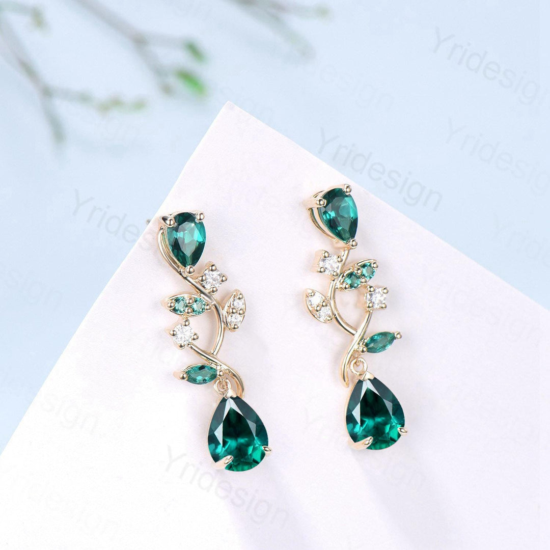 Elegant Pear Shaped Emerald Earrings Nature Inspired May Birthstone Studs Earrings Leaf Vine Handmade Anniversary Promise Gift for Daughter - PENFINE