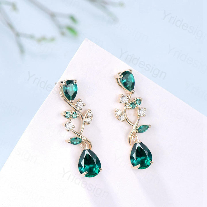 Elegant Pear Shaped Emerald Earrings Nature Inspired May Birthstone Studs Earrings Leaf Vine Handmade Anniversary Promise Gift for Daughter - PENFINE