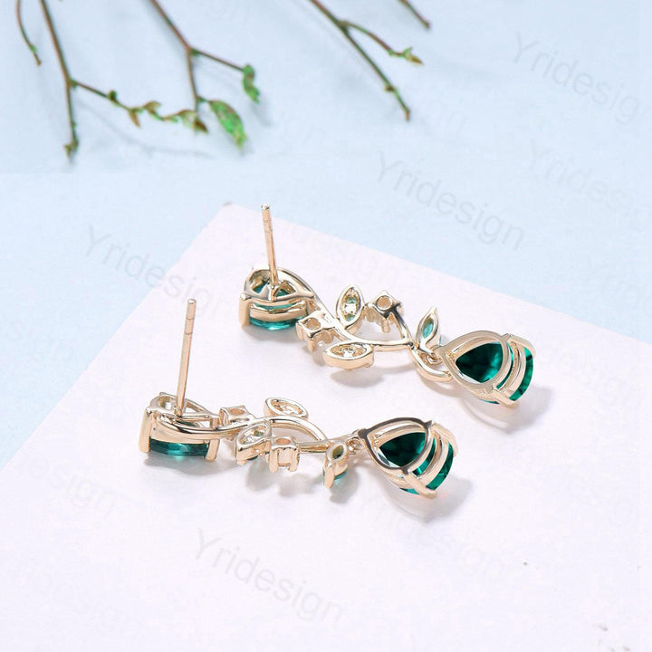 Elegant Pear Shaped Emerald Earrings Nature Inspired May Birthstone Studs Earrings Leaf Vine Handmade Anniversary Promise Gift for Daughter - PENFINE