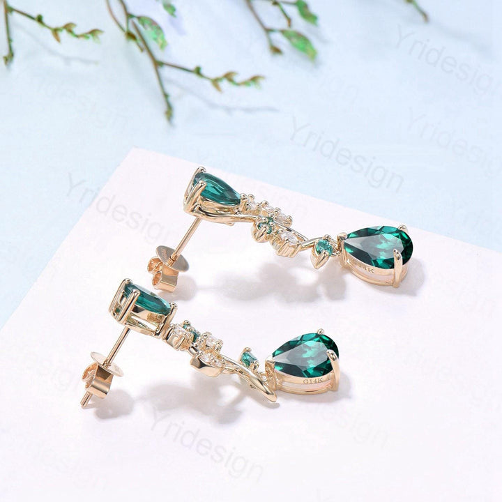 Elegant Pear Shaped Emerald Earrings Nature Inspired May Birthstone Studs Earrings Leaf Vine Handmade Anniversary Promise Gift for Daughter - PENFINE