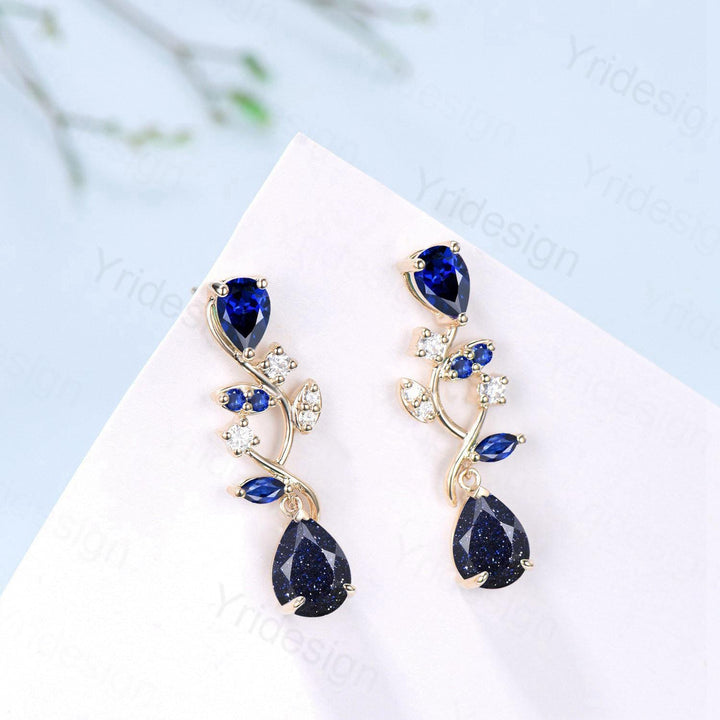 Dainty Pear Shaped Blue Sandstone Earrings Nature Inspired Sapphire Leaf Vine Stud Silver 14K Yellow Gold Anniversary Gift For Daughter - PENFINE