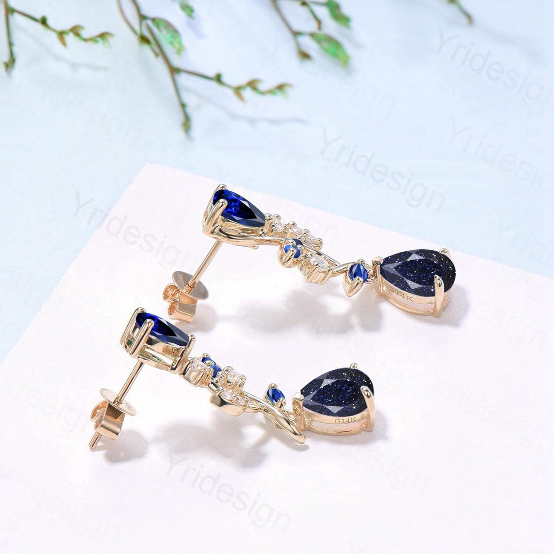 Dainty Pear Shaped Blue Sandstone Earrings Nature Inspired Sapphire Leaf Vine Stud Silver 14K Yellow Gold Anniversary Gift For Daughter - PENFINE