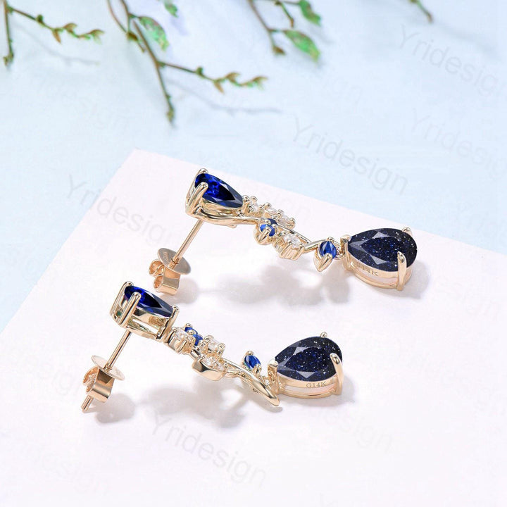 Dainty Pear Shaped Blue Sandstone Earrings Nature Inspired Sapphire Leaf Vine Stud Silver 14K Yellow Gold Anniversary Gift For Daughter - PENFINE