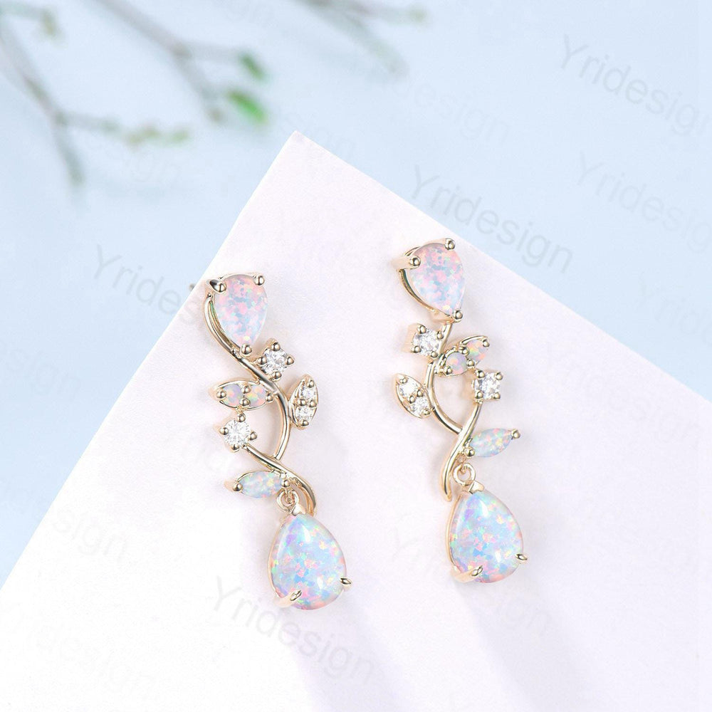Nature Inspired Teardrop Opal Earrings Elegant Pear Shaped White Fire Opal Leaf Stud 14K Yellow Gold October Birthstone  Anniversary Gift - PENFINE