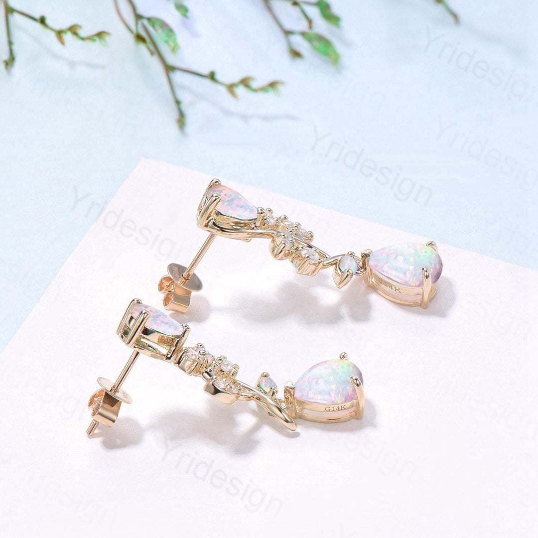 Nature Inspired Teardrop Opal Earrings Elegant Pear Shaped White Fire Opal Leaf Stud 14K Yellow Gold October Birthstone  Anniversary Gift - PENFINE