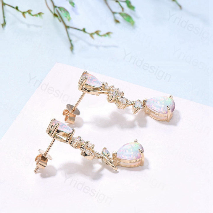 Nature Inspired Teardrop Opal Earrings Elegant Pear Shaped White Fire Opal Leaf Stud 14K Yellow Gold October Birthstone  Anniversary Gift - PENFINE