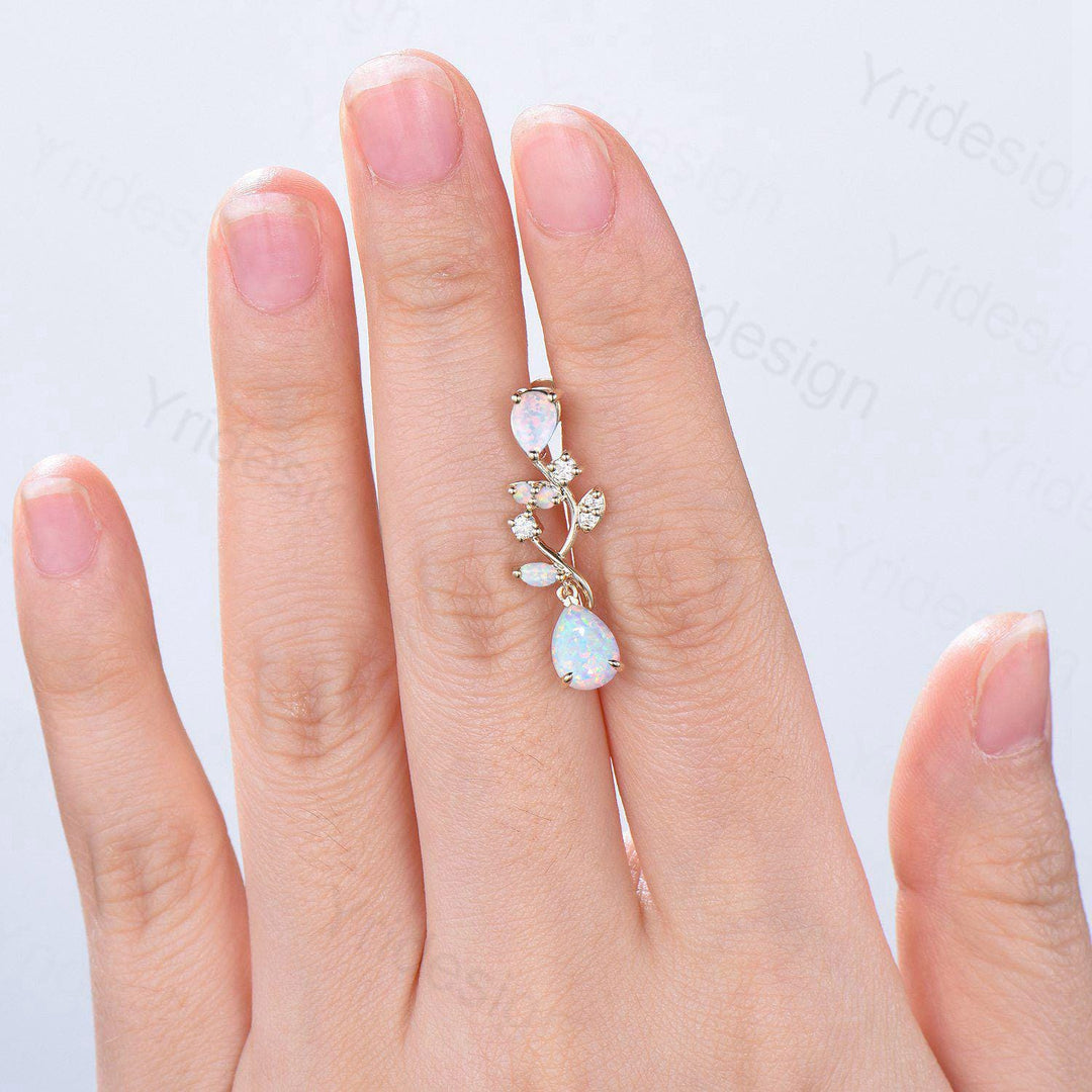 Nature Inspired Teardrop Opal Earrings Elegant Pear Shaped White Fire Opal Leaf Stud 14K Yellow Gold October Birthstone  Anniversary Gift - PENFINE