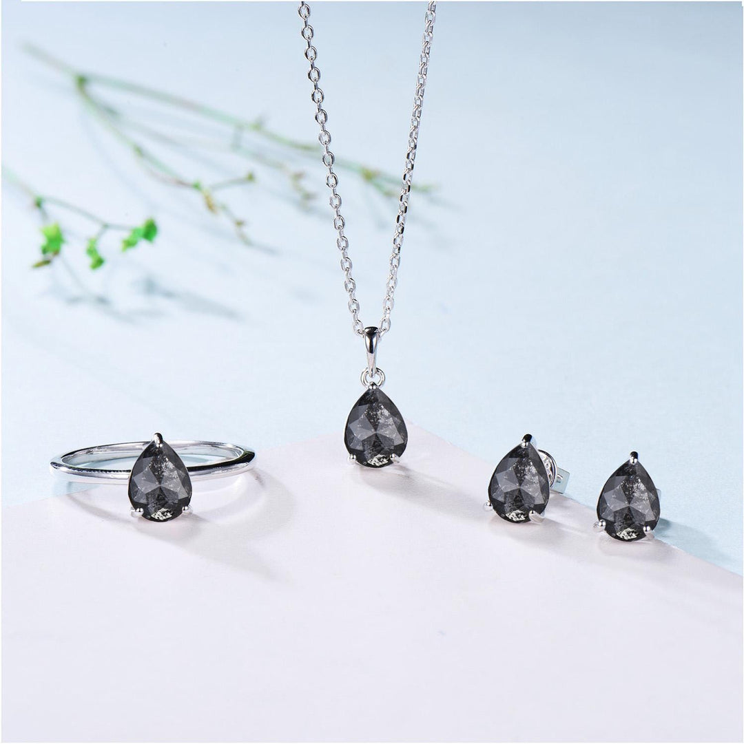 Dainty Pear Shaped Salt and Pepper Diamond Wedding Bridal  Set, 18K White Gold Peper Diamond Engagement Ring/Pendnat Nekclace/Studs Earrings - PENFINE