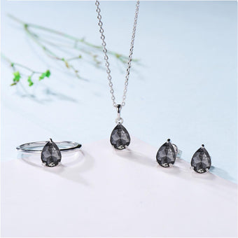 Dainty Pear Shaped Salt and Pepper Diamond Wedding Bridal  Set, 18K White Gold Peper Diamond Engagement Ring/Pendnat Nekclace/Studs Earrings - PENFINE