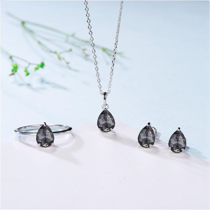 Dainty Pear Shaped Salt and Pepper Diamond Wedding Bridal  Set, 18K White Gold Peper Diamond Engagement Ring/Pendnat Nekclace/Studs Earrings - PENFINE