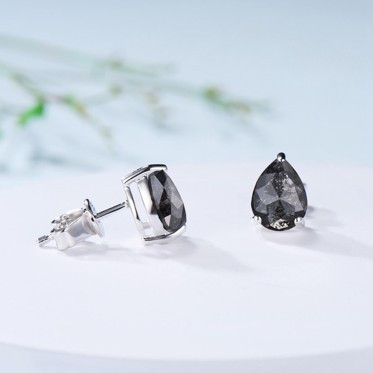 Dainty Pear Shaped Salt and Pepper Diamond Wedding Bridal  Set, 18K White Gold Peper Diamond Engagement Ring/Pendnat Nekclace/Studs Earrings - PENFINE