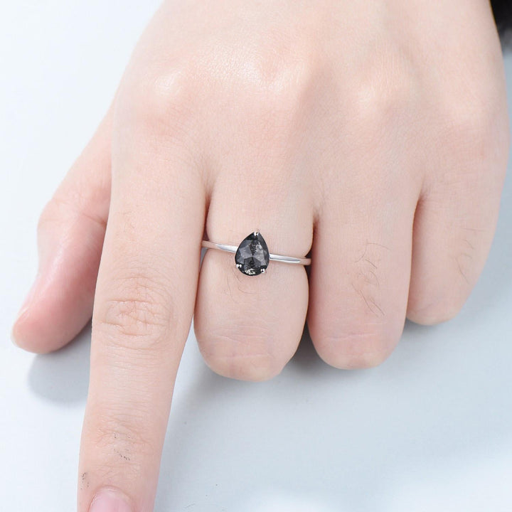 Dainty Pear Shaped Salt and Pepper Diamond Wedding Bridal  Set, 18K White Gold Peper Diamond Engagement Ring/Pendnat Nekclace/Studs Earrings - PENFINE