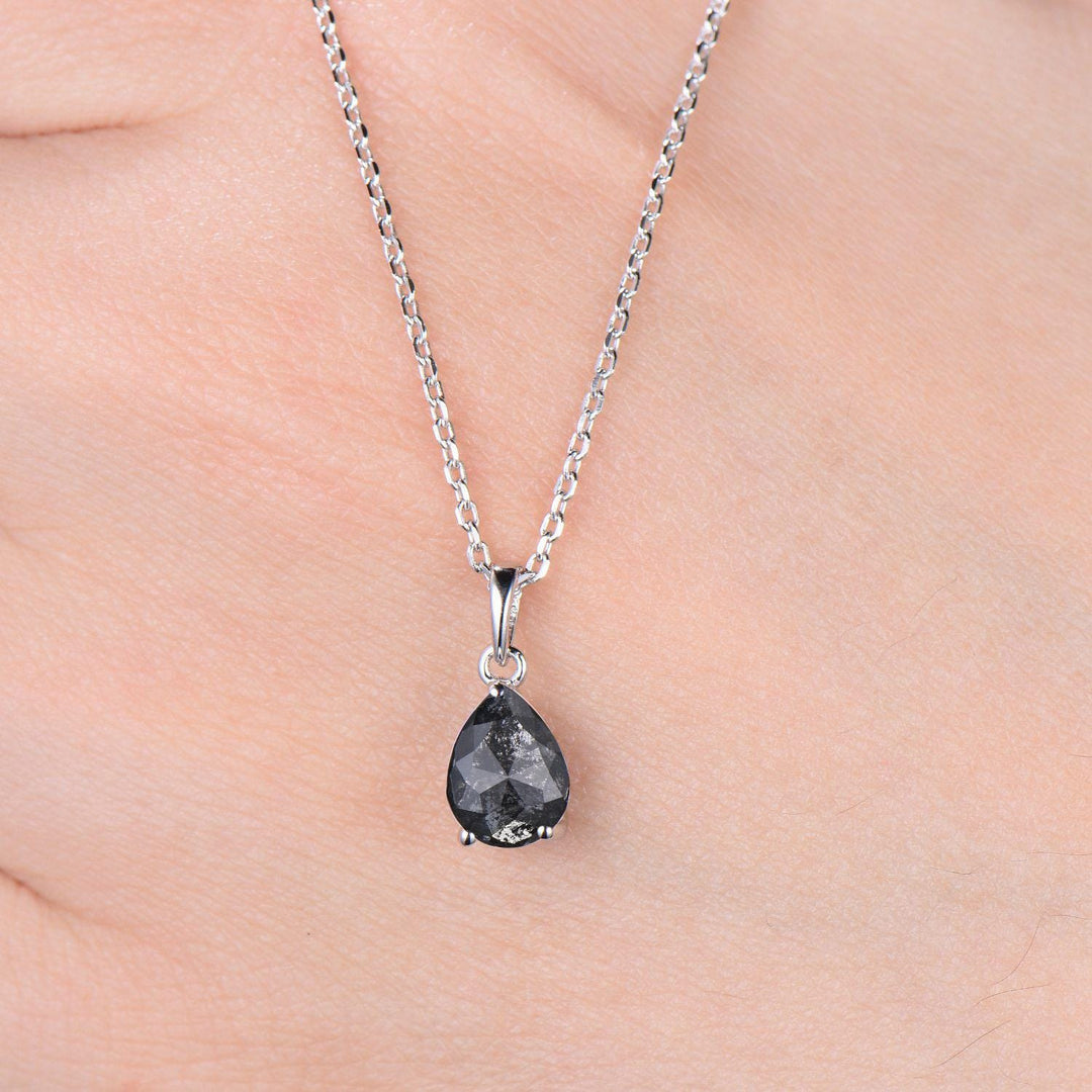 Dainty Pear Shaped Salt and Pepper Diamond Wedding Bridal  Set, 18K White Gold Peper Diamond Engagement Ring/Pendnat Nekclace/Studs Earrings - PENFINE