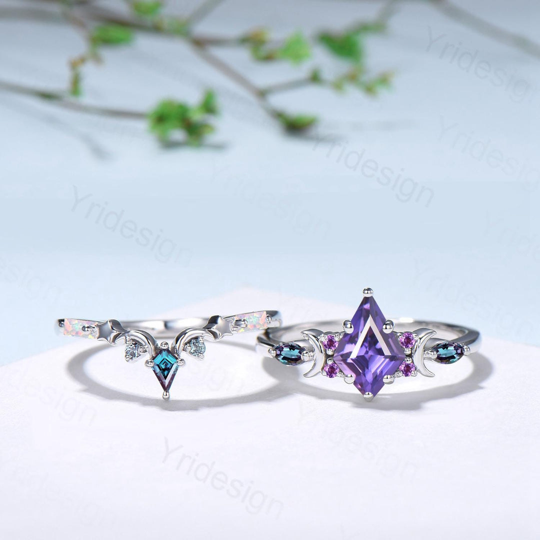 Midnight Sky Kite Cut Purple Sapphire Bridal Set- Alexandrite & Opal with Moon & Star - PENFINE
