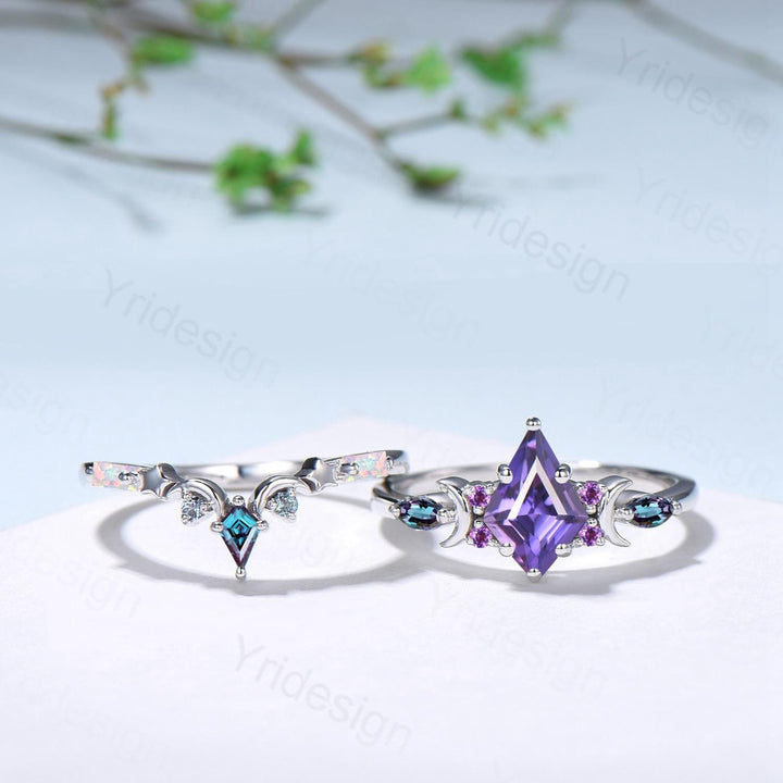 Midnight Sky Kite Cut Purple Sapphire Bridal Set- Alexandrite & Opal with Moon & Star - PENFINE