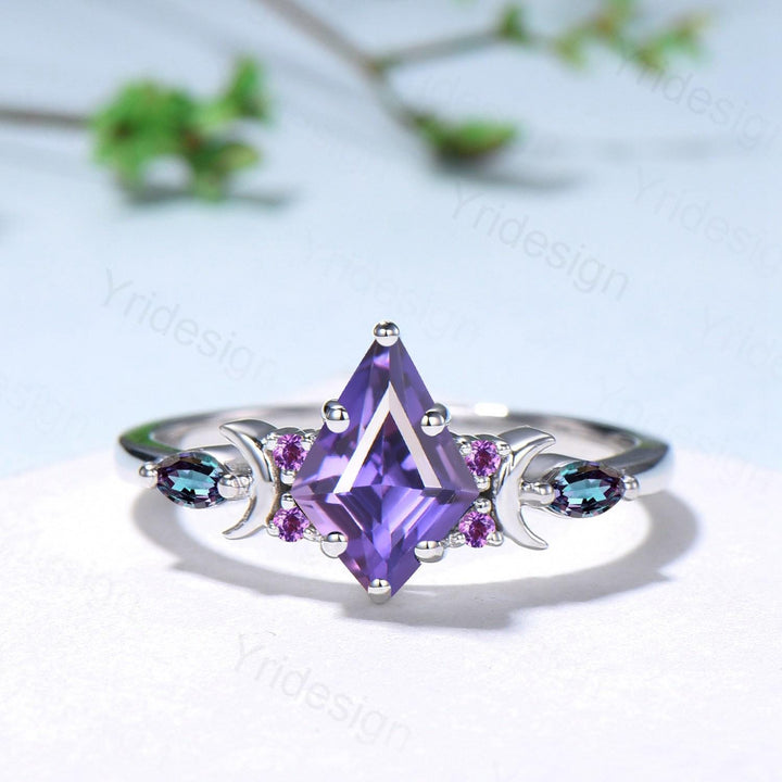 Midnight Sky Kite Cut Purple Sapphire Bridal Set- Alexandrite & Opal with Moon & Star - PENFINE