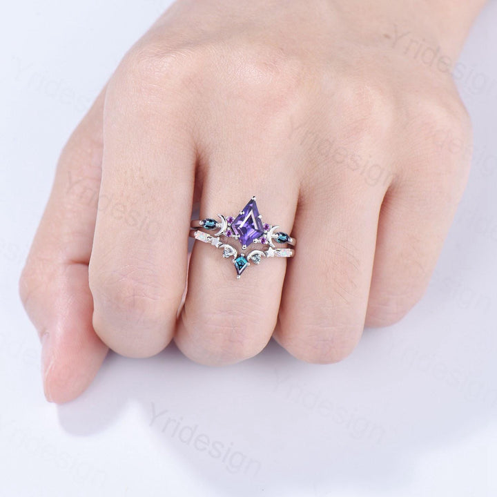 Midnight Sky Kite Cut Purple Sapphire Bridal Set- Alexandrite & Opal with Moon & Star - PENFINE