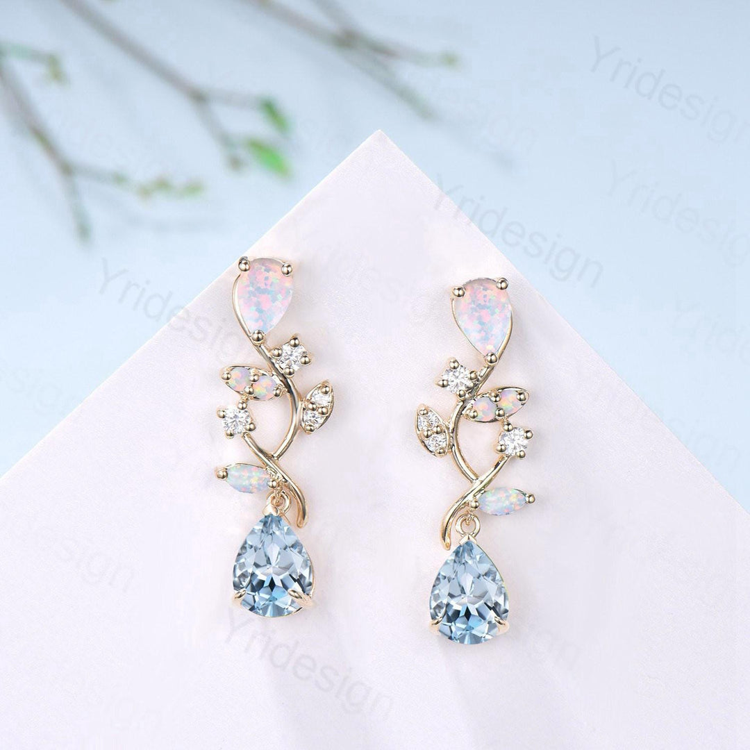 Nature Inspired Pear Shaped Aquamarine Earrings Elegant Opal Leaf Vine Earrings Silver Earrings Handmade March Birthstone Anniversary Gift - PENFINE
