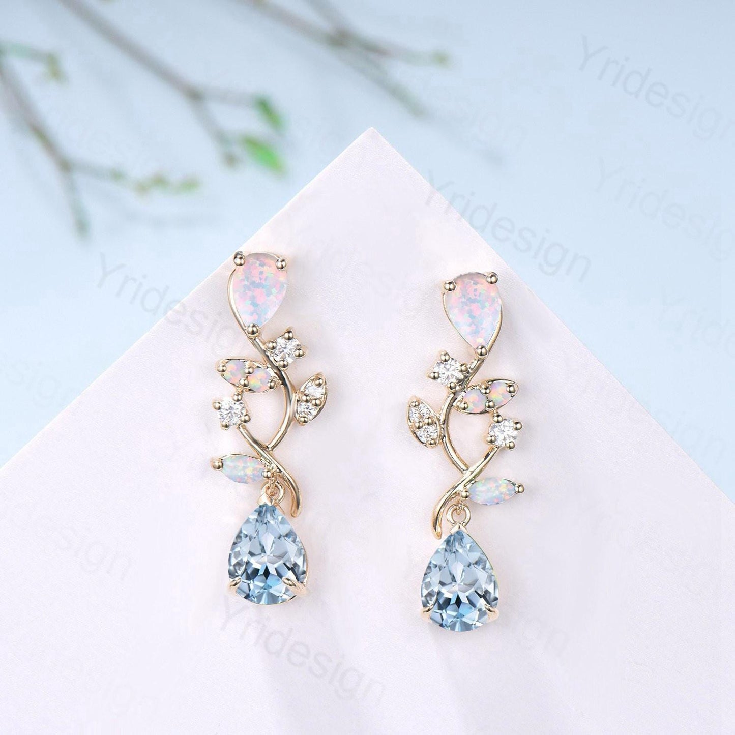 Nature Inspired Pear Shaped Aquamarine Earrings Elegant Opal Leaf Vine Earrings Silver Earrings Handmade March Birthstone Anniversary Gift - PENFINE