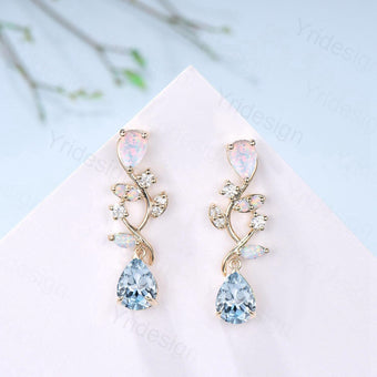Nature Inspired Pear Shaped Aquamarine Earrings Elegant Opal Leaf Vine Earrings Silver Earrings Handmade March Birthstone Anniversary Gift - PENFINE