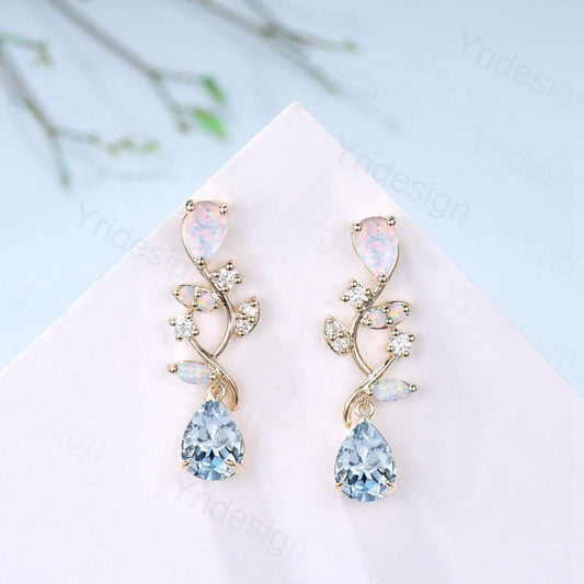 Nature Inspired Pear Shaped Aquamarine Earrings Elegant Opal Leaf Vine Earrings Silver Earrings Handmade March Birthstone Anniversary Gift - PENFINE
