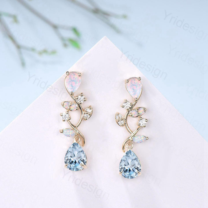 Nature Inspired Pear Shaped Aquamarine Earrings Elegant Opal Leaf Vine Earrings Silver Earrings Handmade March Birthstone Anniversary Gift - PENFINE