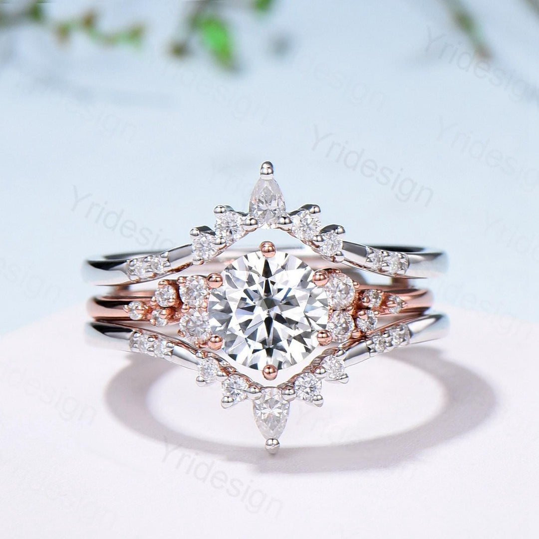 Snowdrift Moissanite Wedding Set, Round Brilliant Lab Grown Diamond Engagement Ring Set, Enhancer Stacking Band , Solid Gold Bridla Set - PENFINE