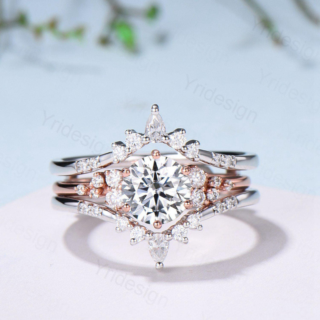 Snowdrift Moissanite Wedding Set, Round Brilliant Lab Grown Diamond Engagement Ring Set, Enhancer Stacking Band , Solid Gold Bridla Set - PENFINE