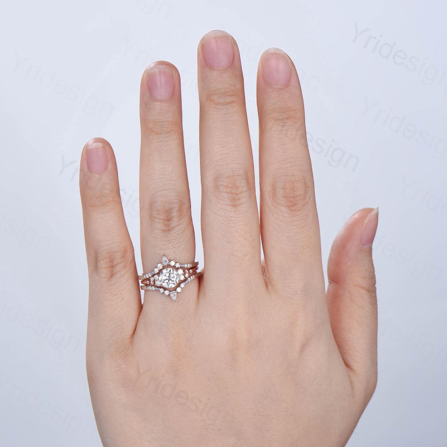 Snowdrift Moissanite Wedding Set, Round Brilliant Lab Grown Diamond Engagement Ring Set, Enhancer Stacking Band , Solid Gold Bridla Set - PENFINE