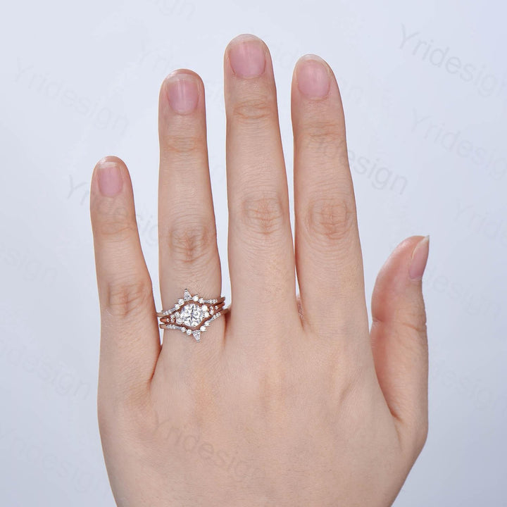 Snowdrift Moissanite Wedding Set, Round Brilliant Lab Grown Diamond Engagement Ring Set, Enhancer Stacking Band , Solid Gold Bridla Set - PENFINE