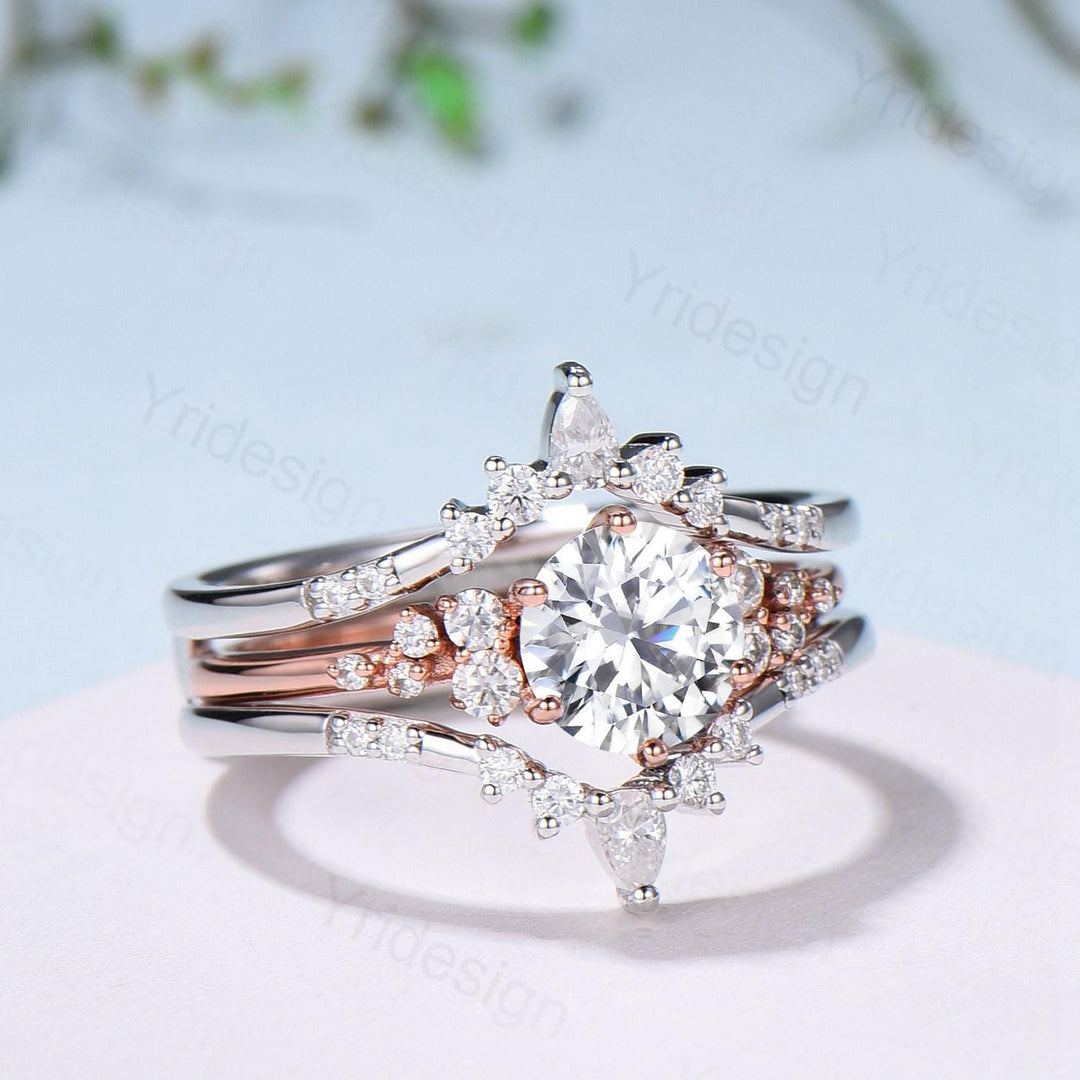 Snowdrift Moissanite Wedding Set, Round Brilliant Lab Grown Diamond Engagement Ring Set, Enhancer Stacking Band , Solid Gold Bridla Set - PENFINE