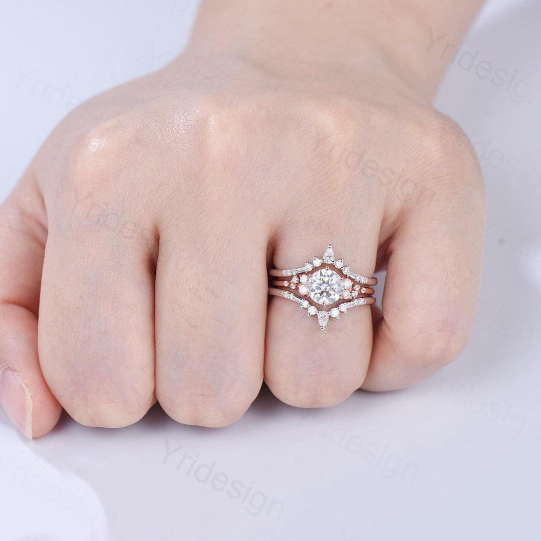 Snowdrift Moissanite Wedding Set, Round Brilliant Lab Grown Diamond Engagement Ring Set, Enhancer Stacking Band , Solid Gold Bridla Set - PENFINE