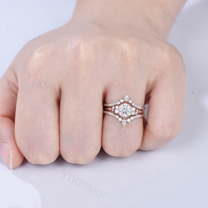 Snowdrift Moissanite Wedding Set, Round Brilliant Lab Grown Diamond Engagement Ring Set, Enhancer Stacking Band , Solid Gold Bridla Set - PENFINE