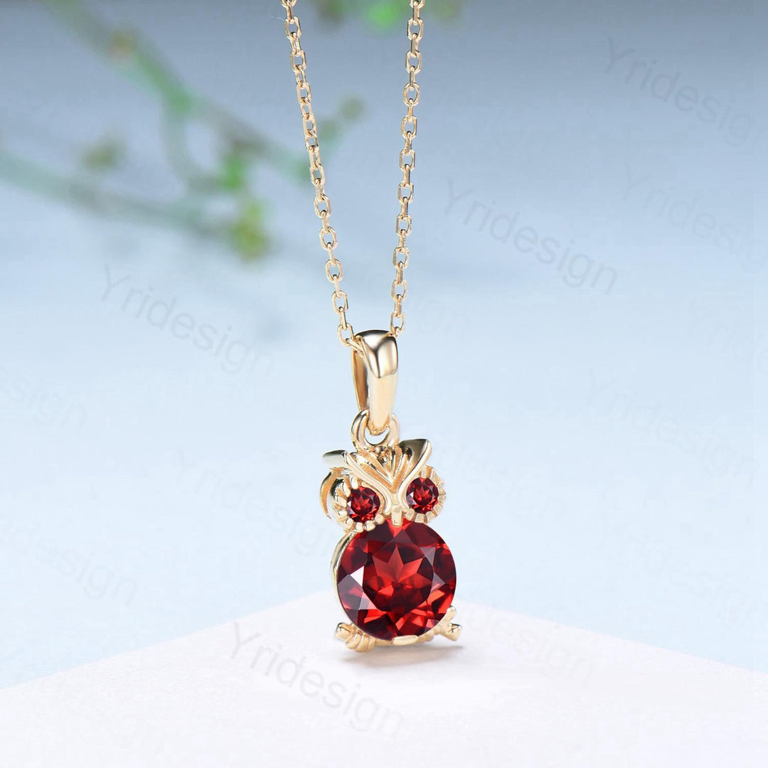 Natural Garnet Owl Pendant Necklace, Red Gemstone Charm Necklace for Women, Dainty Birthstone Gift, Animal Jewelry - PENFINE