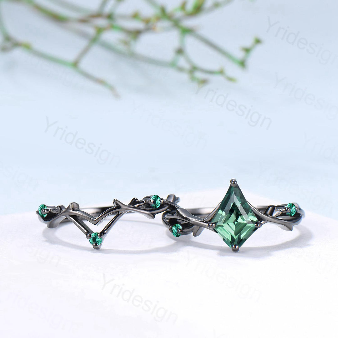 Art Deco Kite Cut Green Sapphire Engagement Ring Set, Black Gold Teal Sapphire Cluster Emerald Bridal Set Branch Vine Anniverry Ring - PENFINE
