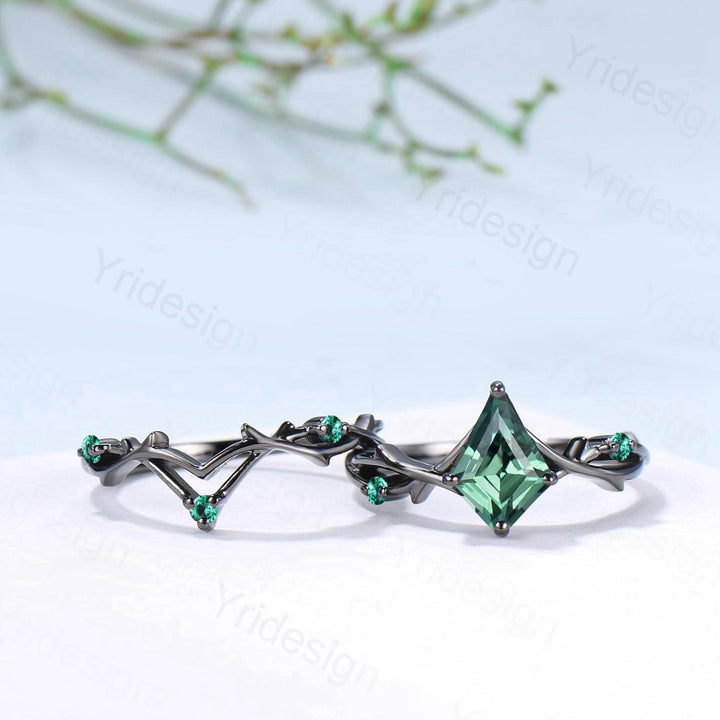 Art Deco Kite Cut Green Sapphire Engagement Ring Set, Black Gold Teal Sapphire Cluster Emerald Bridal Set Branch Vine Anniverry Ring - PENFINE