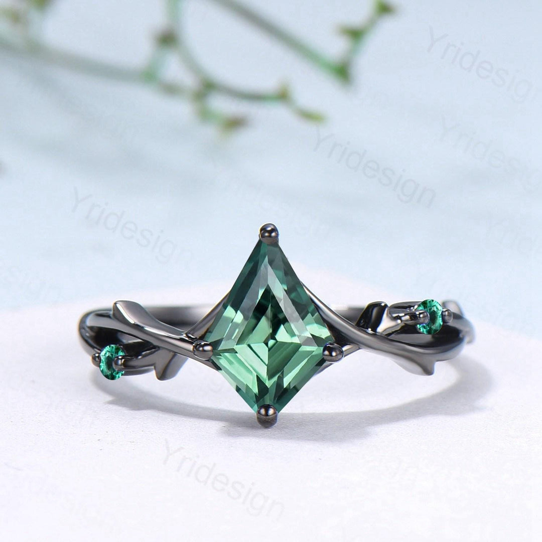 Art Deco Kite Cut Green Sapphire Engagement Ring Set, Black Gold Teal Sapphire Cluster Emerald Bridal Set Branch Vine Anniverry Ring - PENFINE