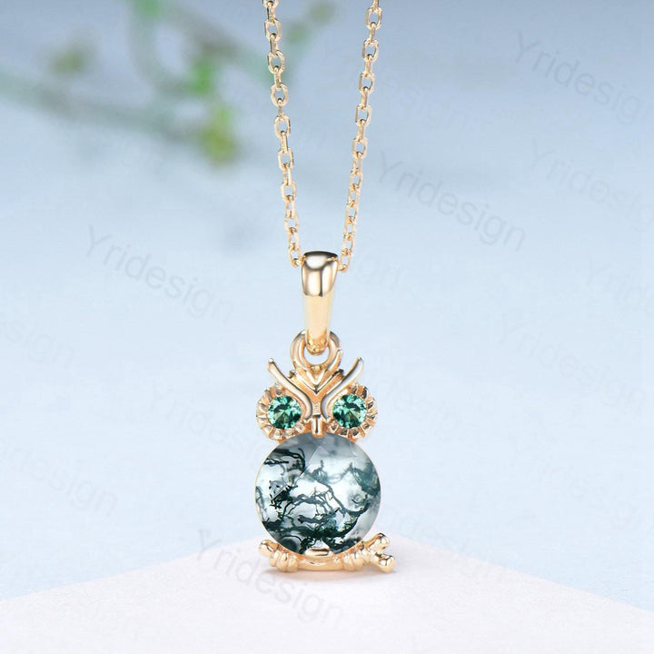 Cute Natural Moss Agate Owl Pendant Necklace, Green Gemstone Emerald Necklace for Women, Dainty Birthstone Gift, Animal Jewelry - PENFINE