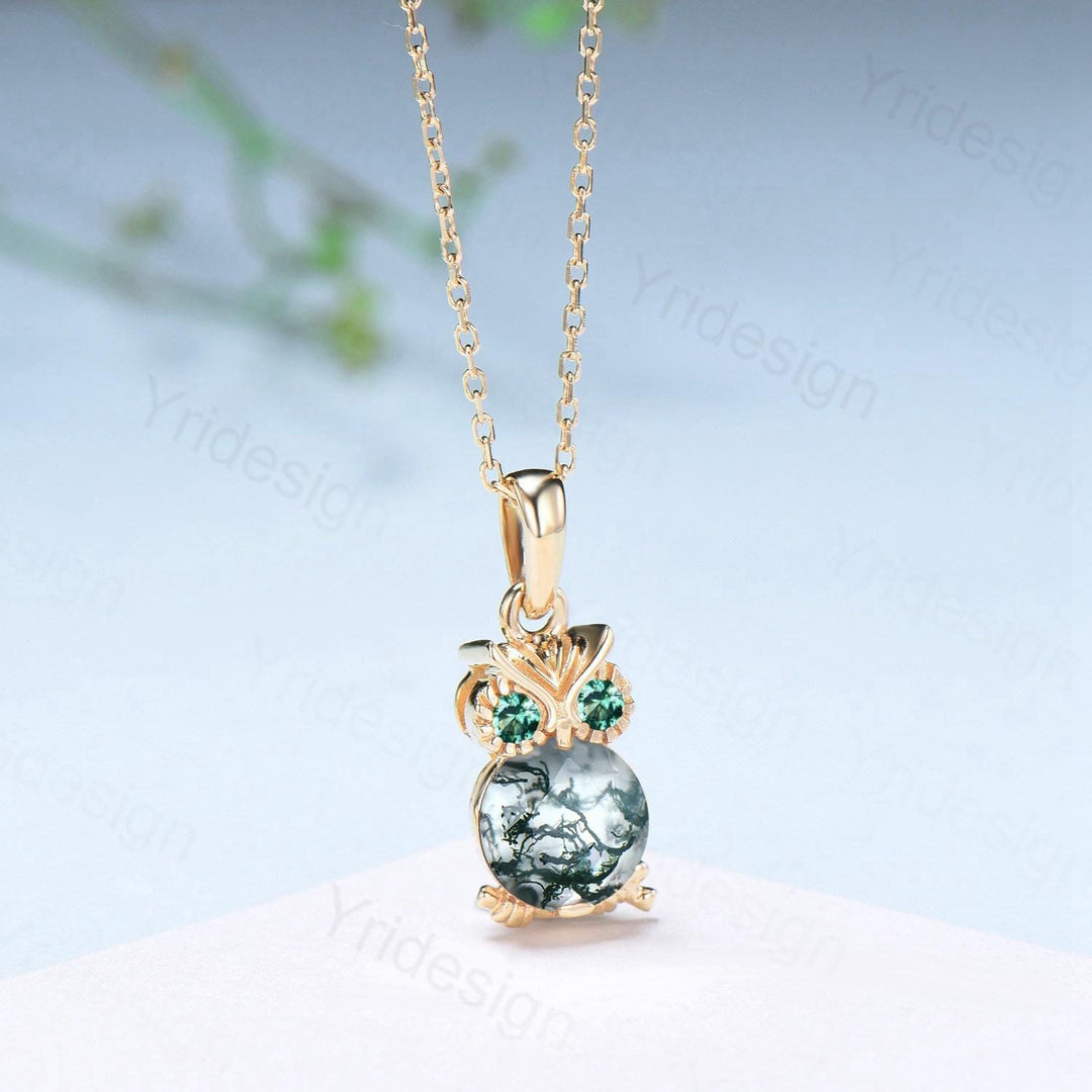 Cute Natural Moss Agate Owl Pendant Necklace, Green Gemstone Emerald Necklace for Women, Dainty Birthstone Gift, Animal Jewelry - PENFINE