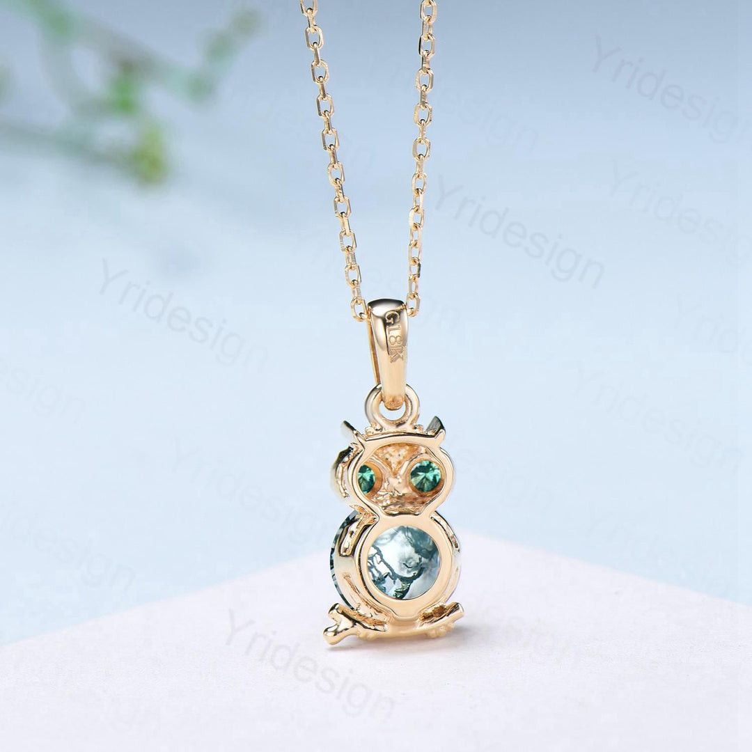 Cute Natural Moss Agate Owl Pendant Necklace, Green Gemstone Emerald Necklace for Women, Dainty Birthstone Gift, Animal Jewelry - PENFINE