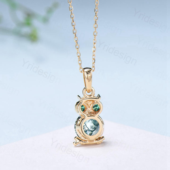 Cute Natural Moss Agate Owl Pendant Necklace, Green Gemstone Emerald Necklace for Women, Dainty Birthstone Gift, Animal Jewelry - PENFINE