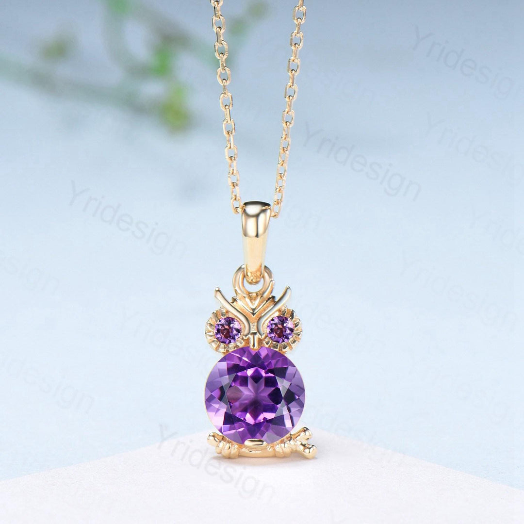 Natural Amethyst Owl Pendant Necklace, Purple Gemstone Necklace for Women, Dainty Febuary Birthstone Gift, Animal Jewelry - PENFINE