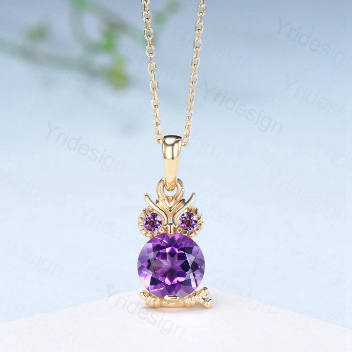 Natural Amethyst Owl Pendant Necklace, Purple Gemstone Necklace for Women, Dainty Febuary Birthstone Gift, Animal Jewelry - PENFINE