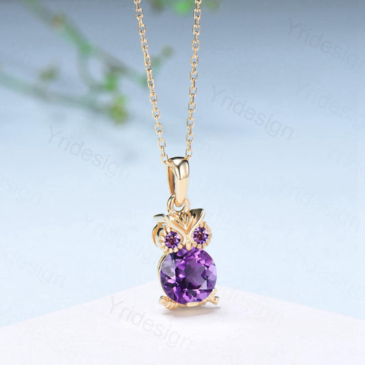 Natural Amethyst Owl Pendant Necklace, Purple Gemstone Necklace for Women, Dainty Febuary Birthstone Gift, Animal Jewelry - PENFINE
