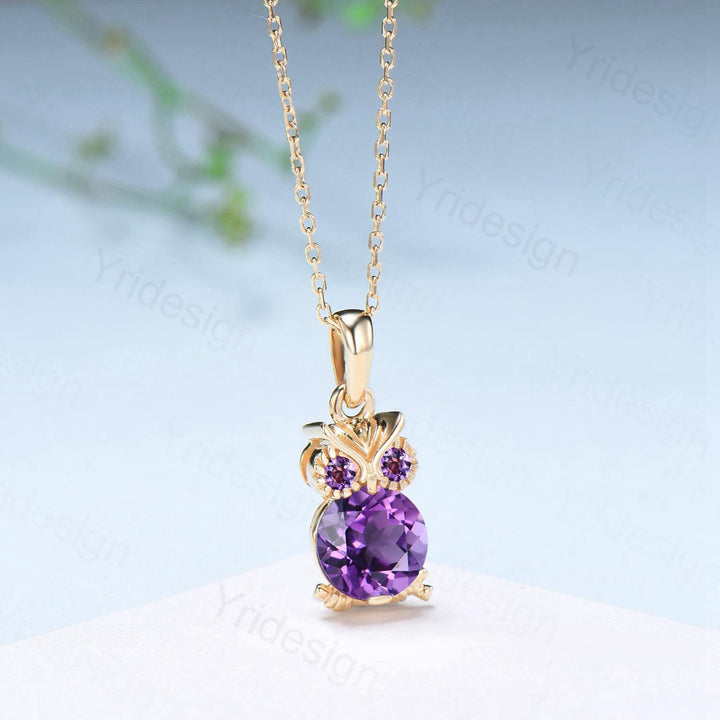 Natural Amethyst Owl Pendant Necklace, Purple Gemstone Necklace for Women, Dainty Febuary Birthstone Gift, Animal Jewelry - PENFINE