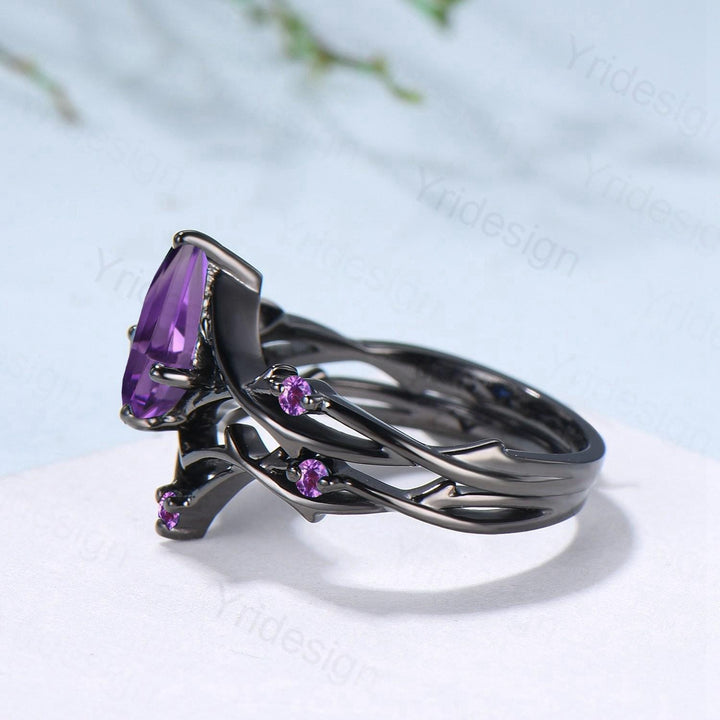 Vintage Kite Cut Purple Sapphire Engagement Ring Set, Black Gold Gothic Cluster Amethyst Bridal Set Art Deco Branch Vine Anniverry Ring - PENFINE