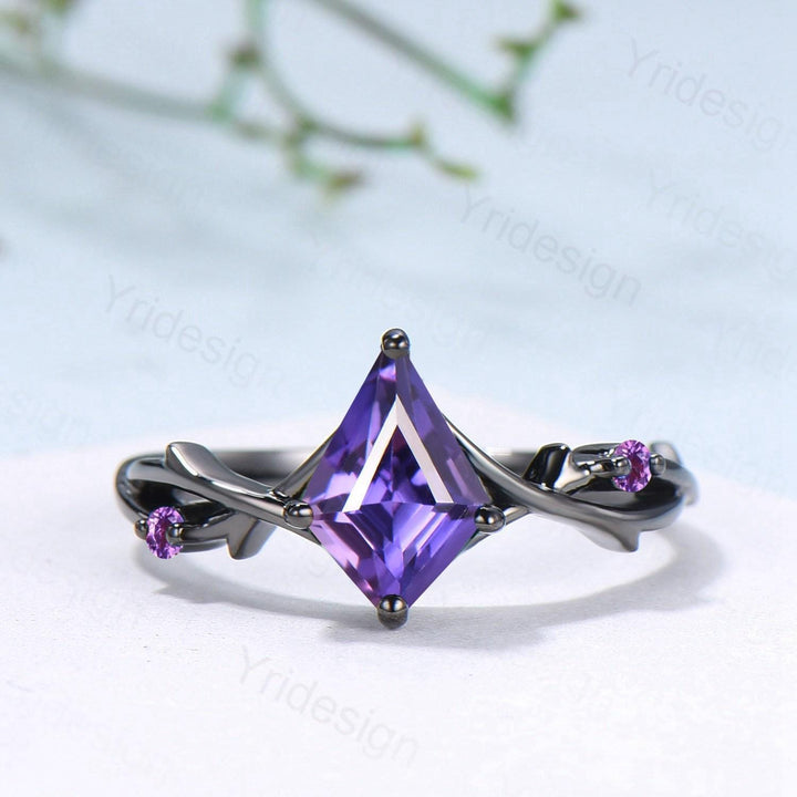 Vintage Kite Cut Purple Sapphire Engagement Ring Set, Black Gold Gothic Cluster Amethyst Bridal Set Art Deco Branch Vine Anniverry Ring - PENFINE